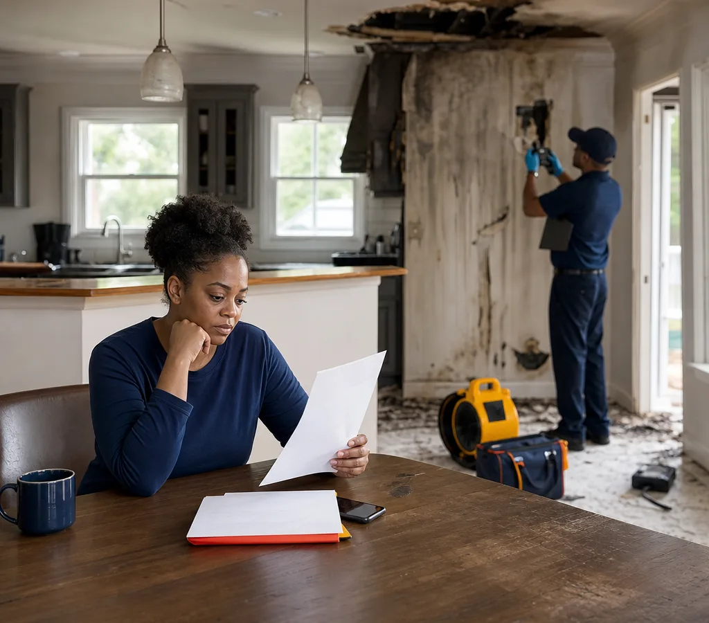 Atlanta homeowner reviewing insurance paperwork while a restoration professional documents fire and smoke damage