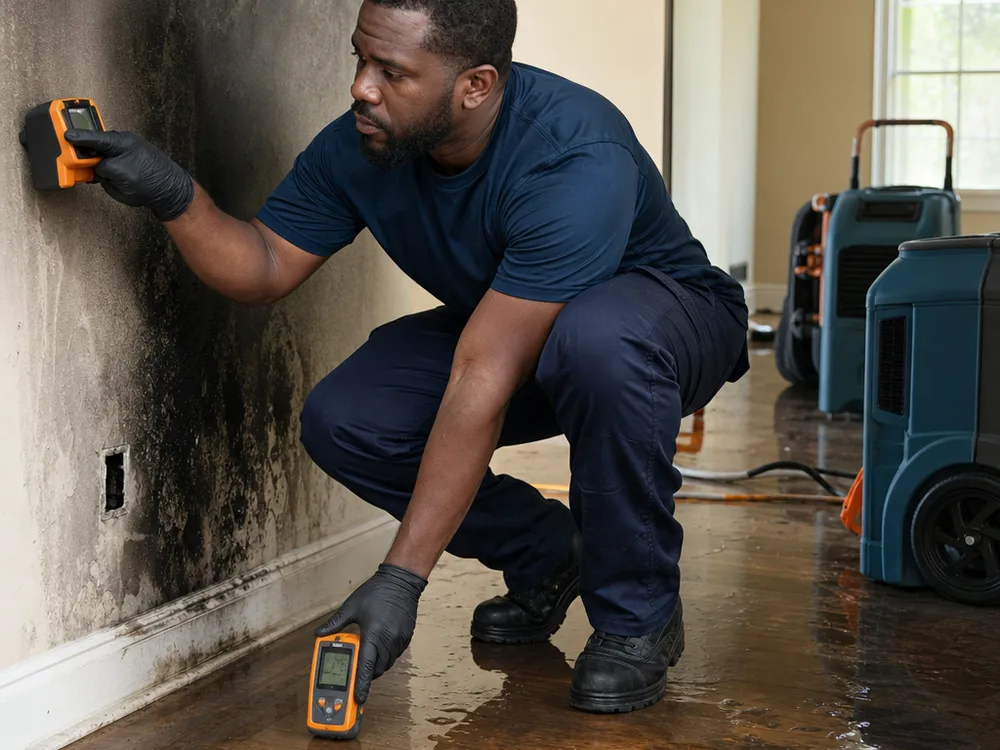 Technician documenting soot staining and measuring wet flooring after fire suppression