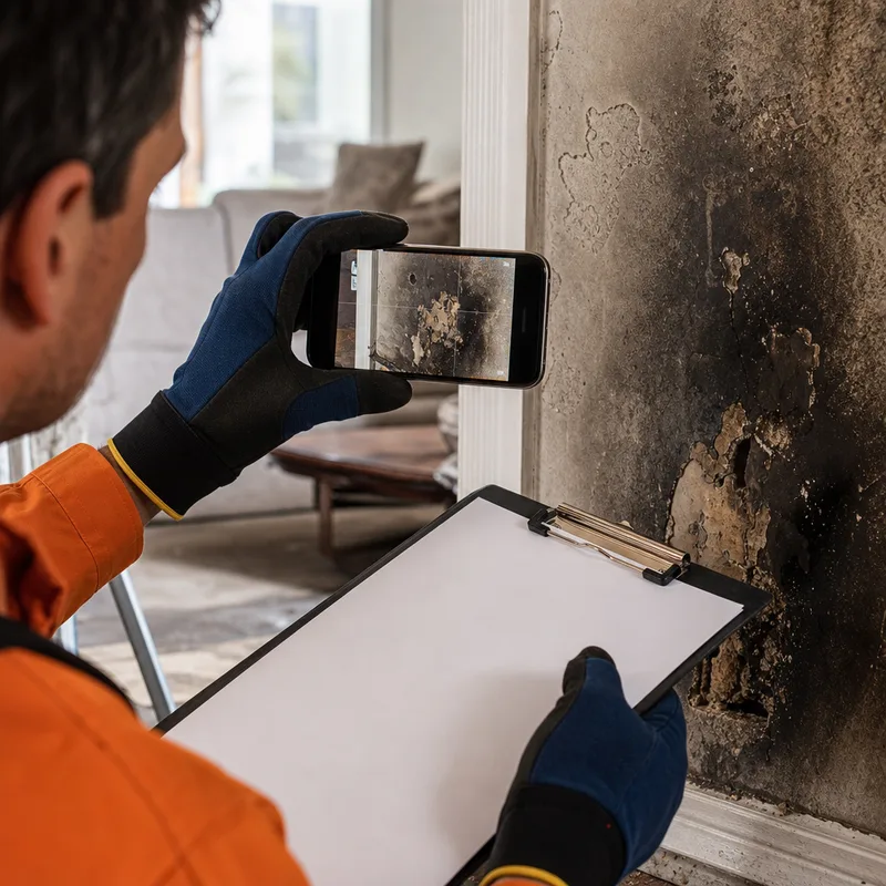 Gloved technician photographing soot damage and documenting contents in a smoke-damaged Atlanta living room