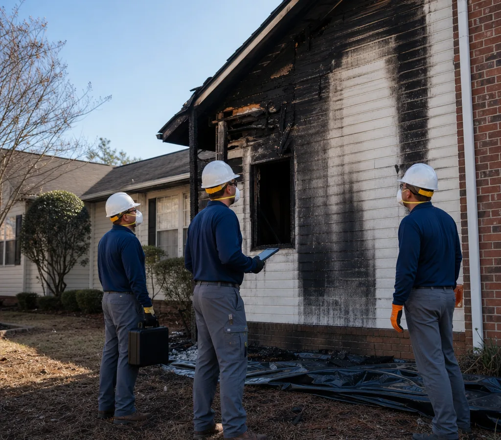 Restoration crew safely assessing soot damage outside an Atlanta-area home after a fire
