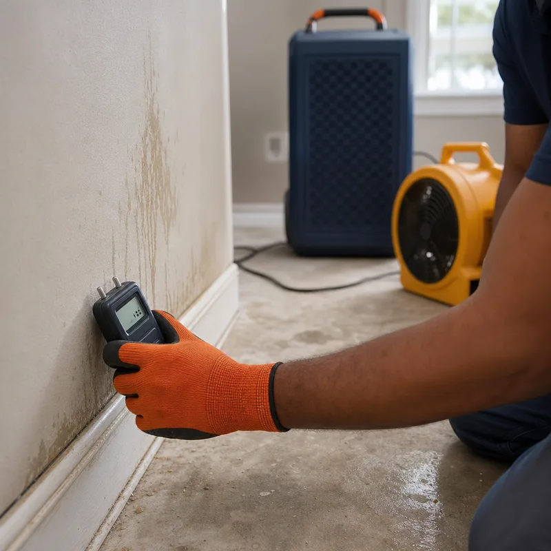 Technician taking moisture meter readings on drywall and baseboard with drying equipment running