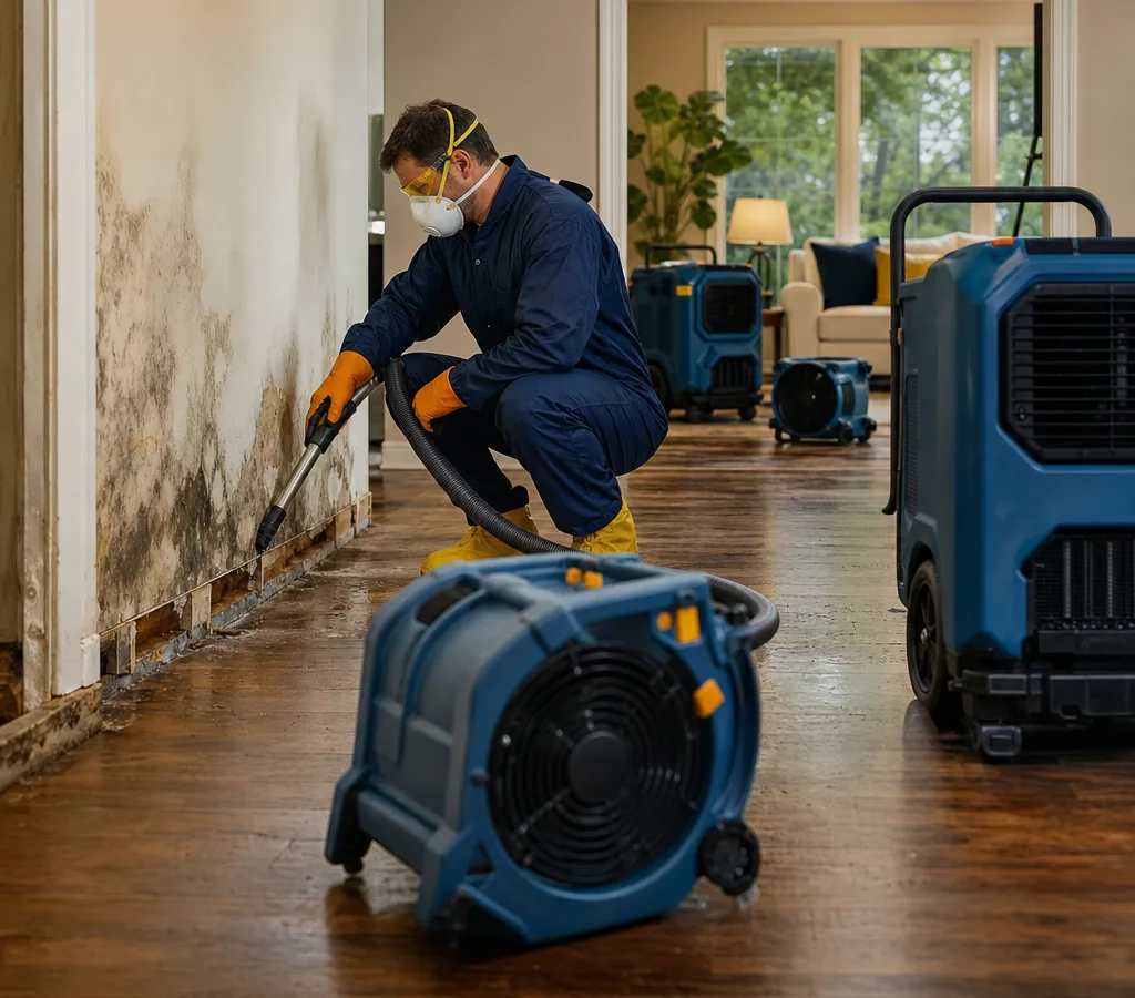 Technician using extraction equipment in an Atlanta home with water intrusion, dehumidifiers, and air movers