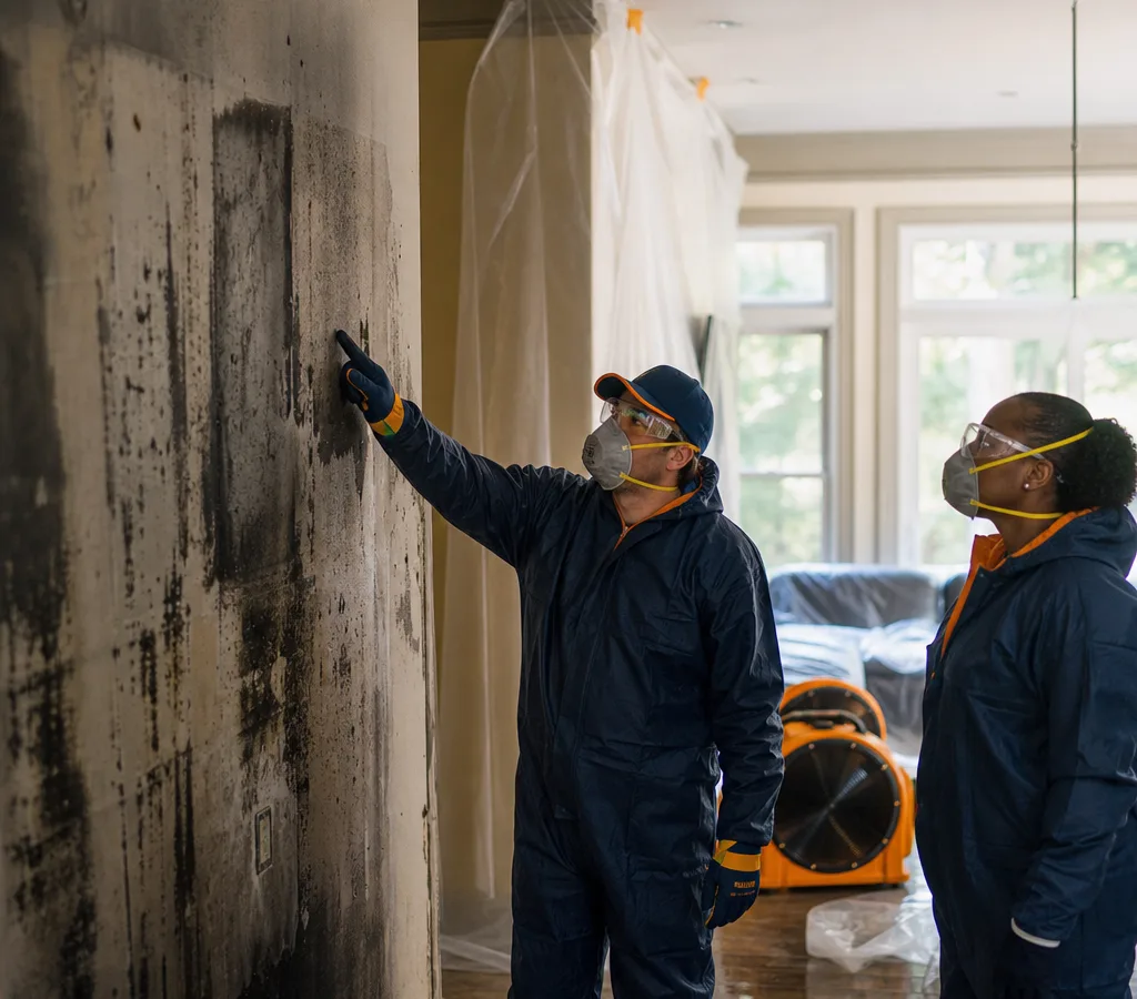 Technicians in protective gear assessing soot and fire damage inside an Atlanta home with containment and an air scrubber