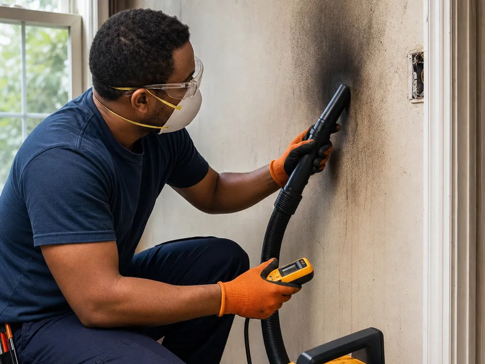 Technician using HEPA vacuuming and surface testing on soot-stained drywall and trim