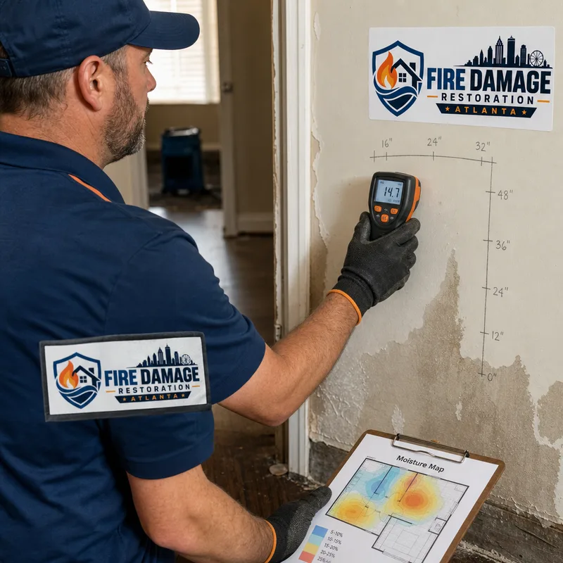 Moisture meter reading on marked drywall beside a moisture map