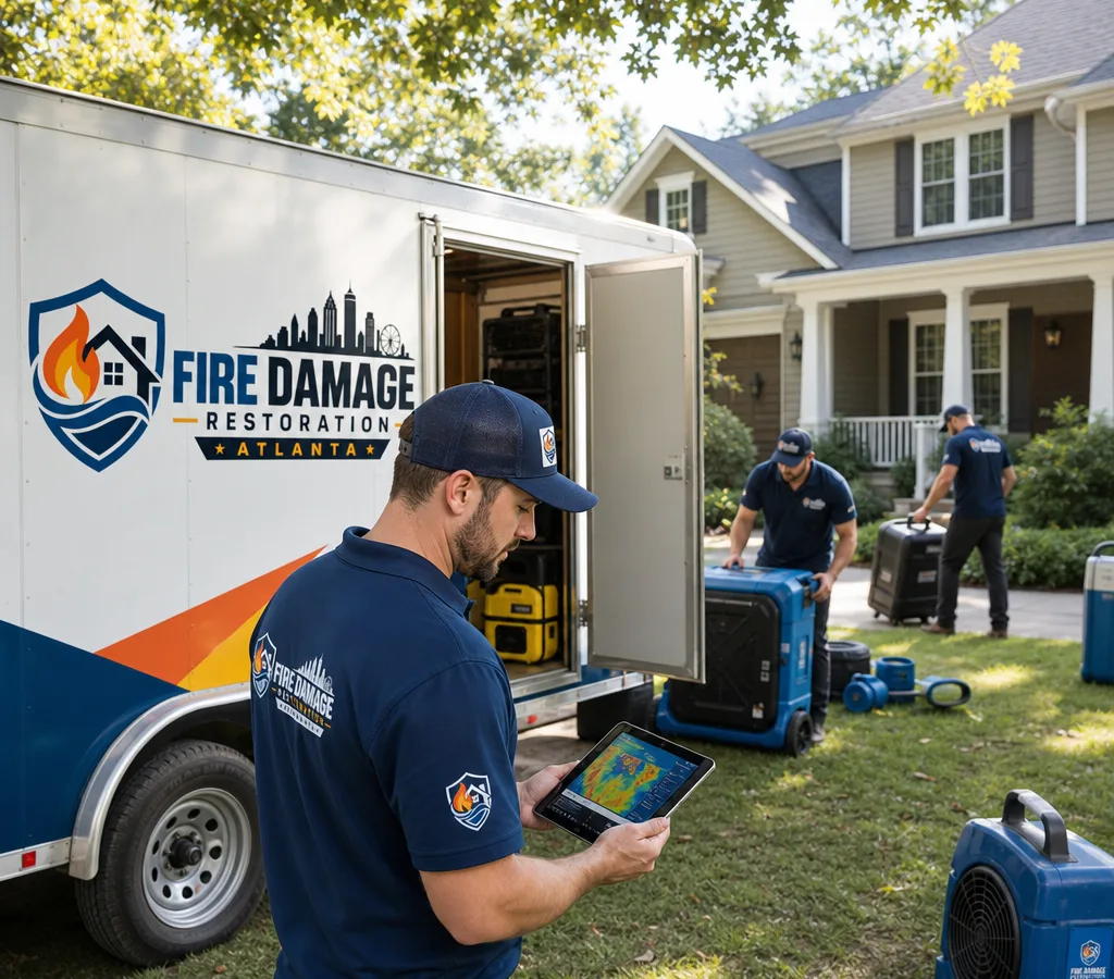 Restoration crew in Atlanta unloading drying equipment while a technician reviews a moisture map
