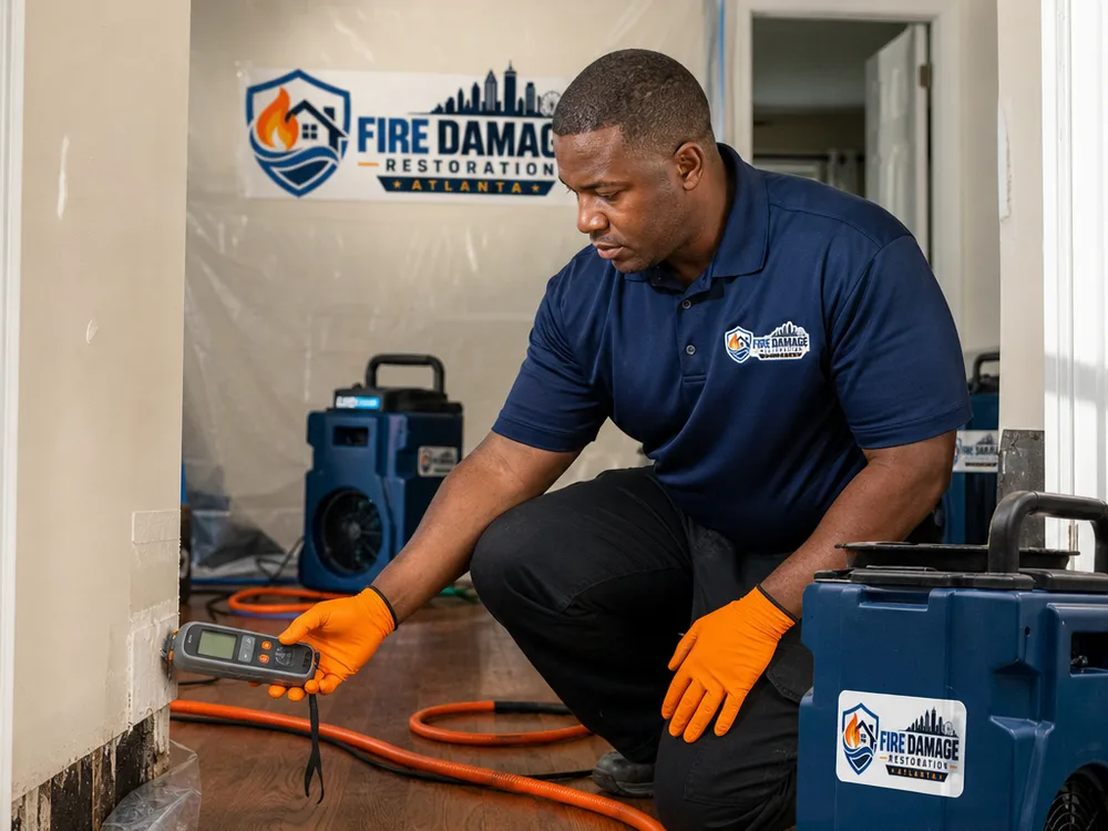 Technician taking moisture readings beside neatly staged drying equipment and containment