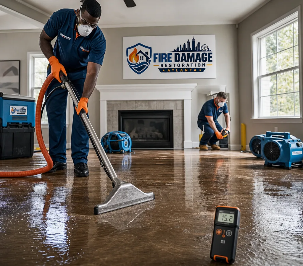 Technicians extracting standing water from an Atlanta living room while using a moisture meter