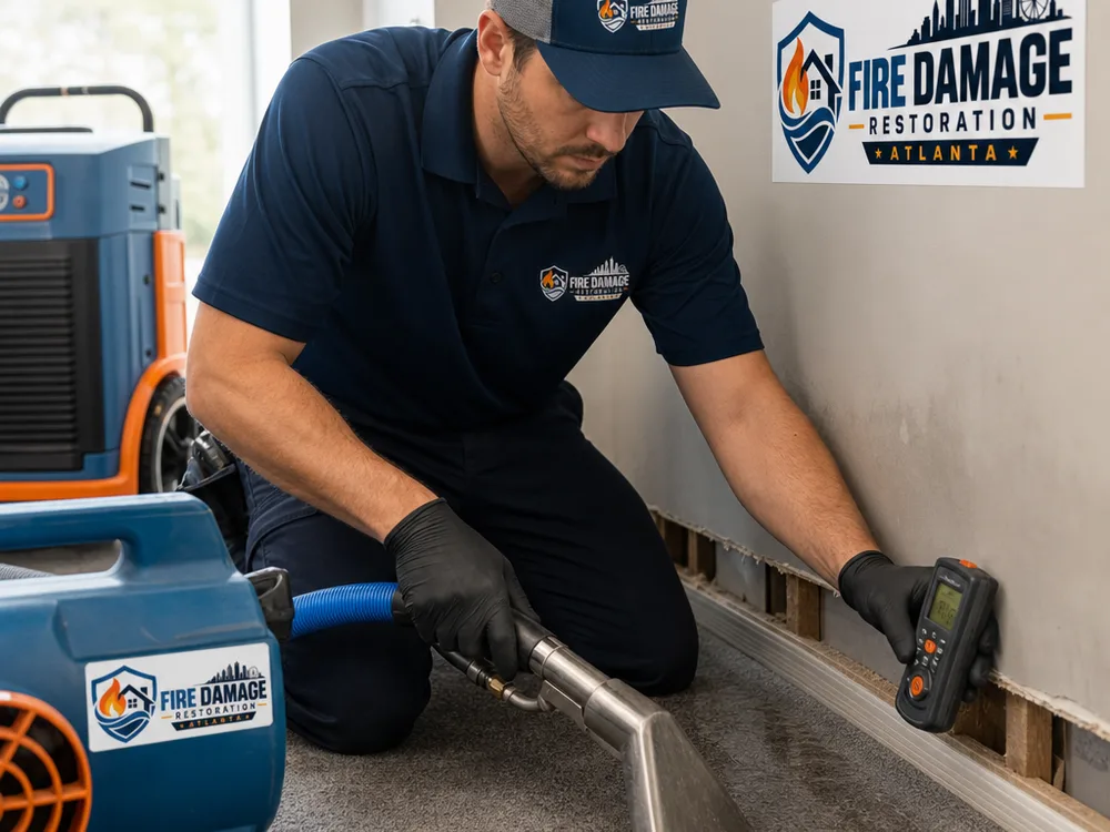 Extraction wand removing water from carpet while a technician checks moisture at a wall