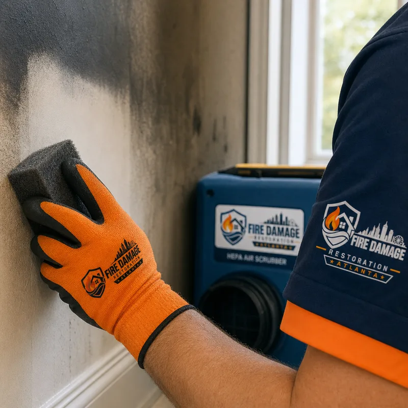 Technician removing soot from a painted wall with a dry chemical sponge while a HEPA air scrubber operates nearby