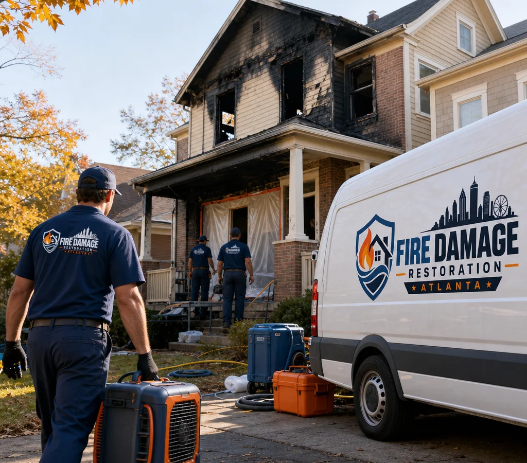 Restoration crew staging protective equipment, air scrubbers, and containment outside an Atlanta home after a small fire