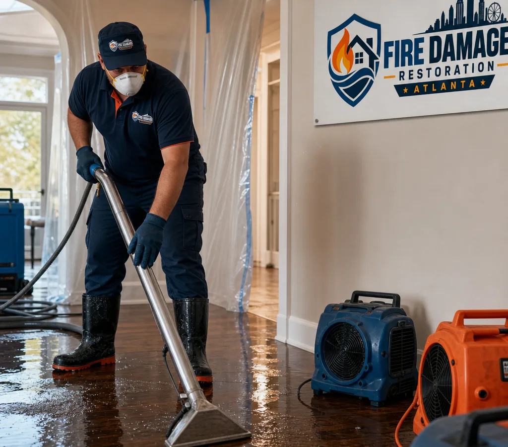 Technician in protective gear extracting standing water from an Atlanta home with air movers and plastic containment
