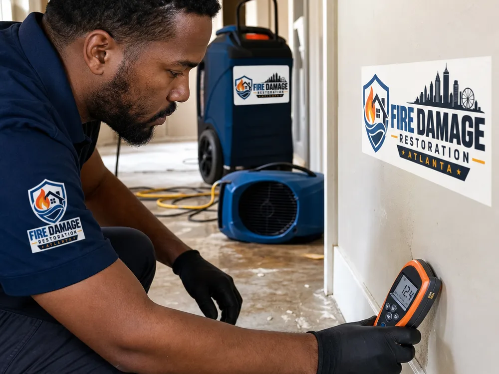 Moisture meter reading taken on baseboard and drywall beside water-drying equipment