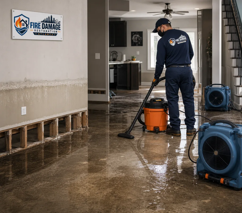 Restoration technician using a wet vacuum and air movers during active flood cleanup in an Atlanta home