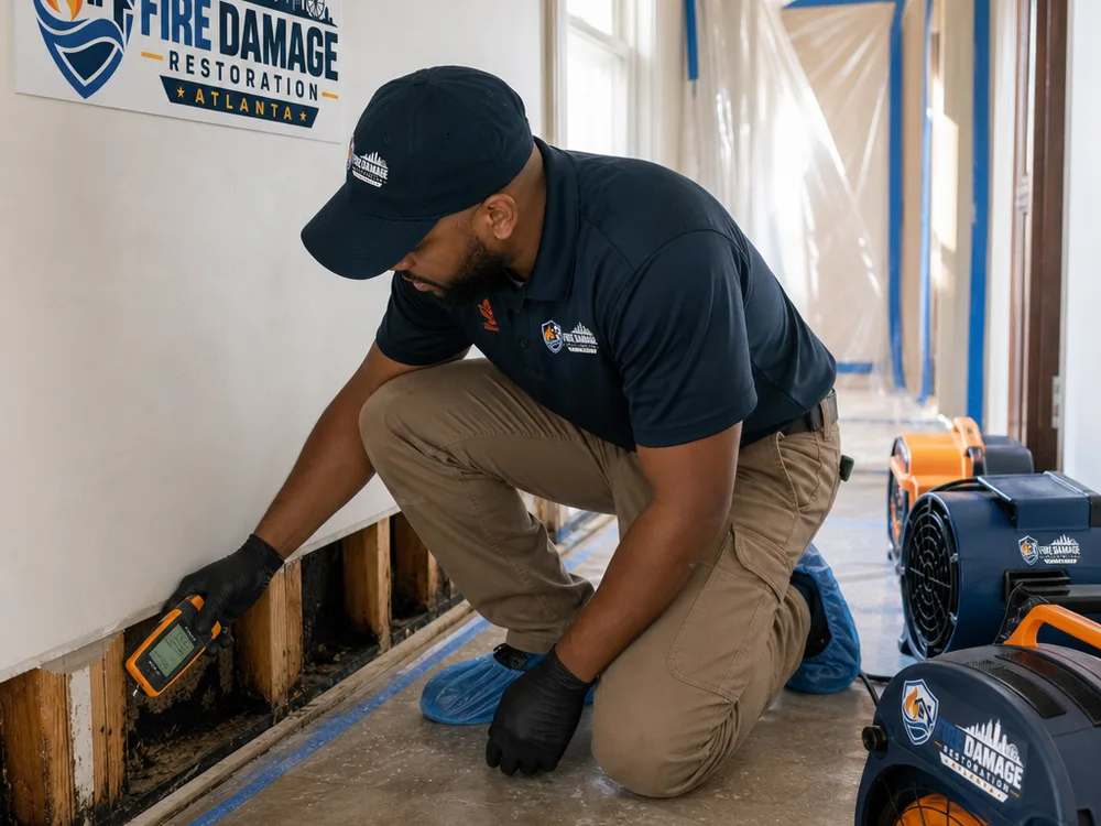 Technician moisture mapping drywall and base plates beside containment and air movers