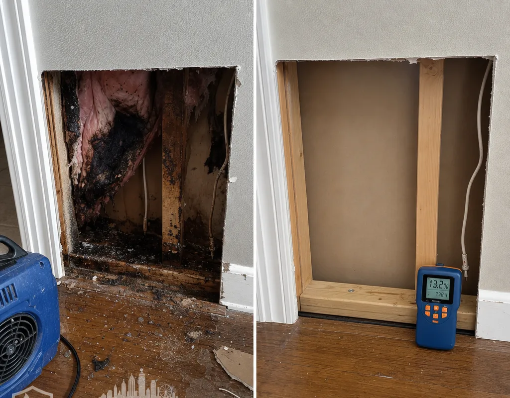 Before and after view of wet drywall removal followed by a dry wall cavity prepared for repair