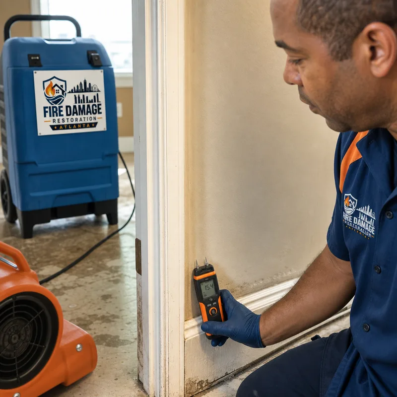 Technician using a pin moisture meter on baseboard and drywall with a dehumidifier and air mover in the background