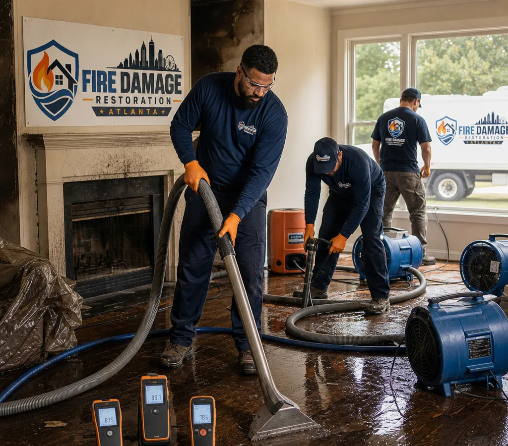 Atlanta restoration crew in protective equipment extracting water from a residential living room with air movers and moisture meters nearby