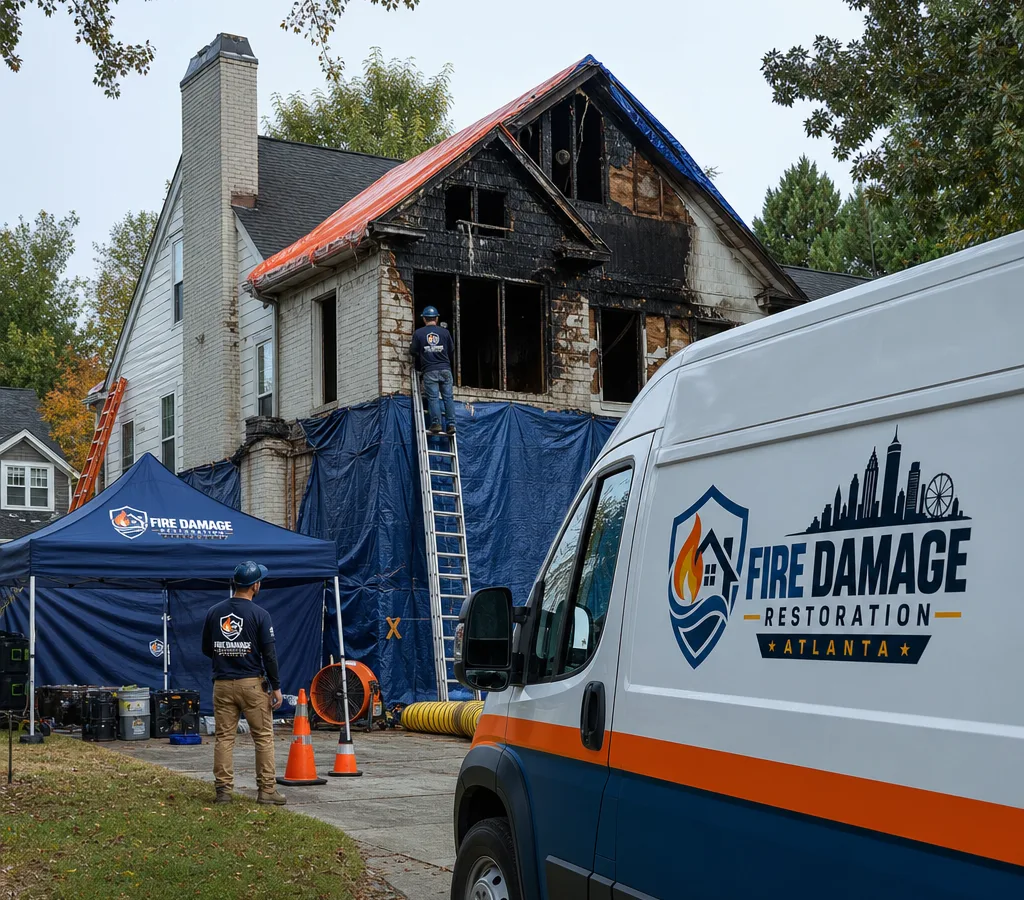 Atlanta home with fire damage being stabilized by a restoration crew using tarps, ladders, and containment