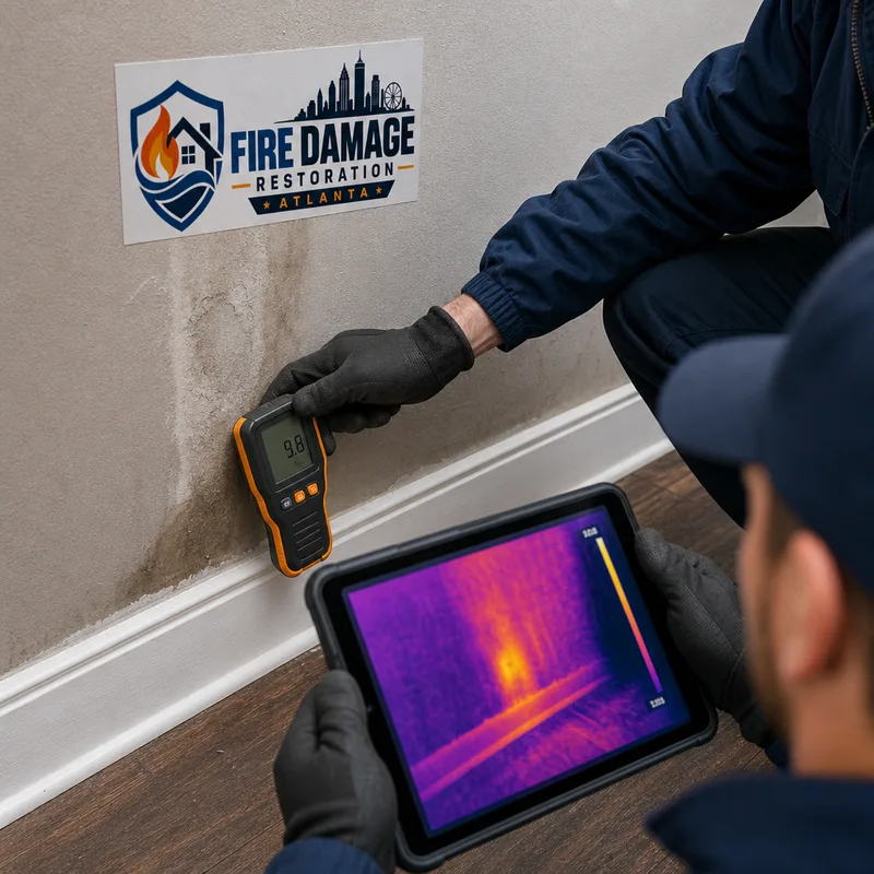 Technicians using a pin moisture meter and thermal imaging tablet to map hidden moisture along drywall and baseboards
