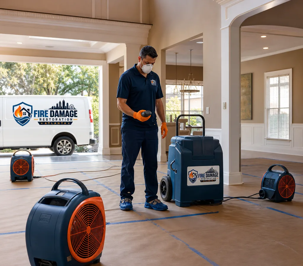 Restoration technician in protective equipment operating commercial drying equipment in an Atlanta home while holding a moisture meter