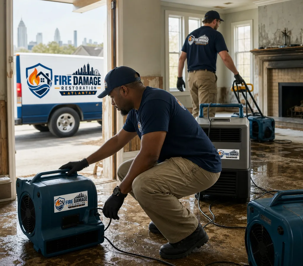 Technicians in protective gear setting up air movers and a dehumidifier in an Atlanta home with visible water intrusion