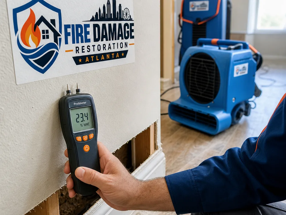 Moisture meter reading on drywall beside a removed baseboard with drying equipment staged in the background