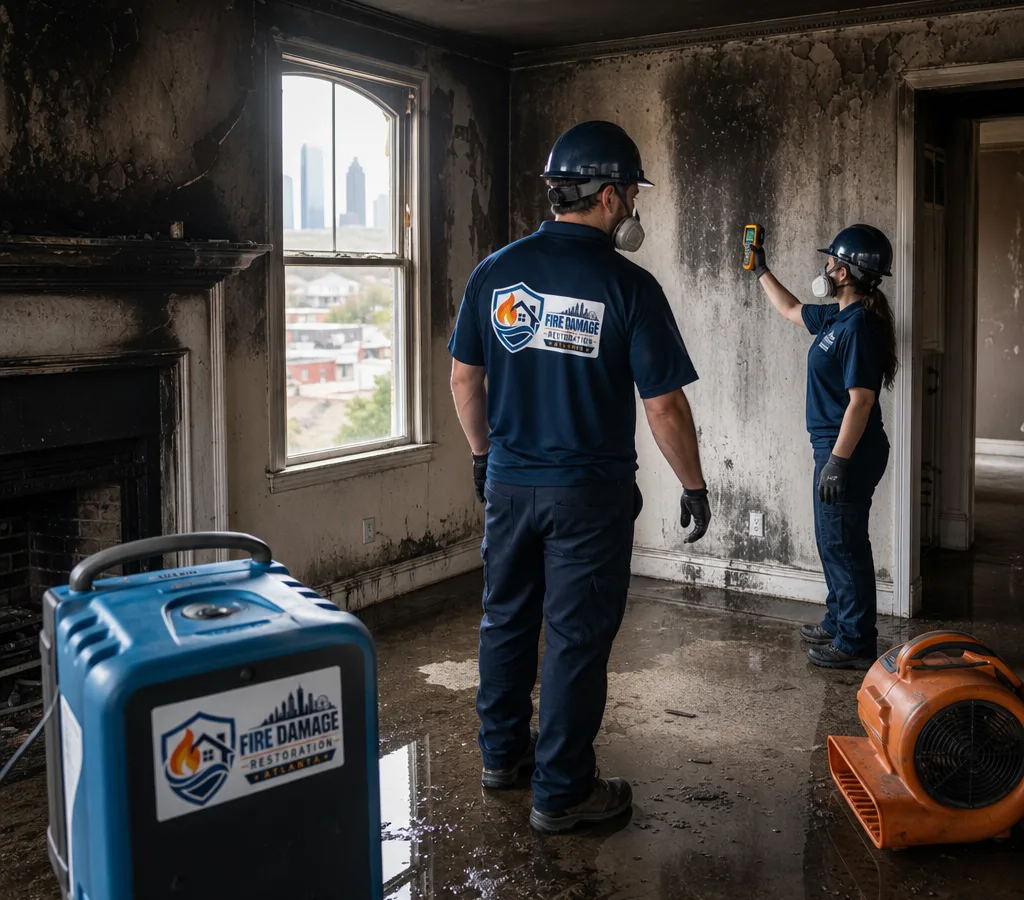 Technicians in protective gear assessing soot and standing water in a residential room with restoration equipment nearby