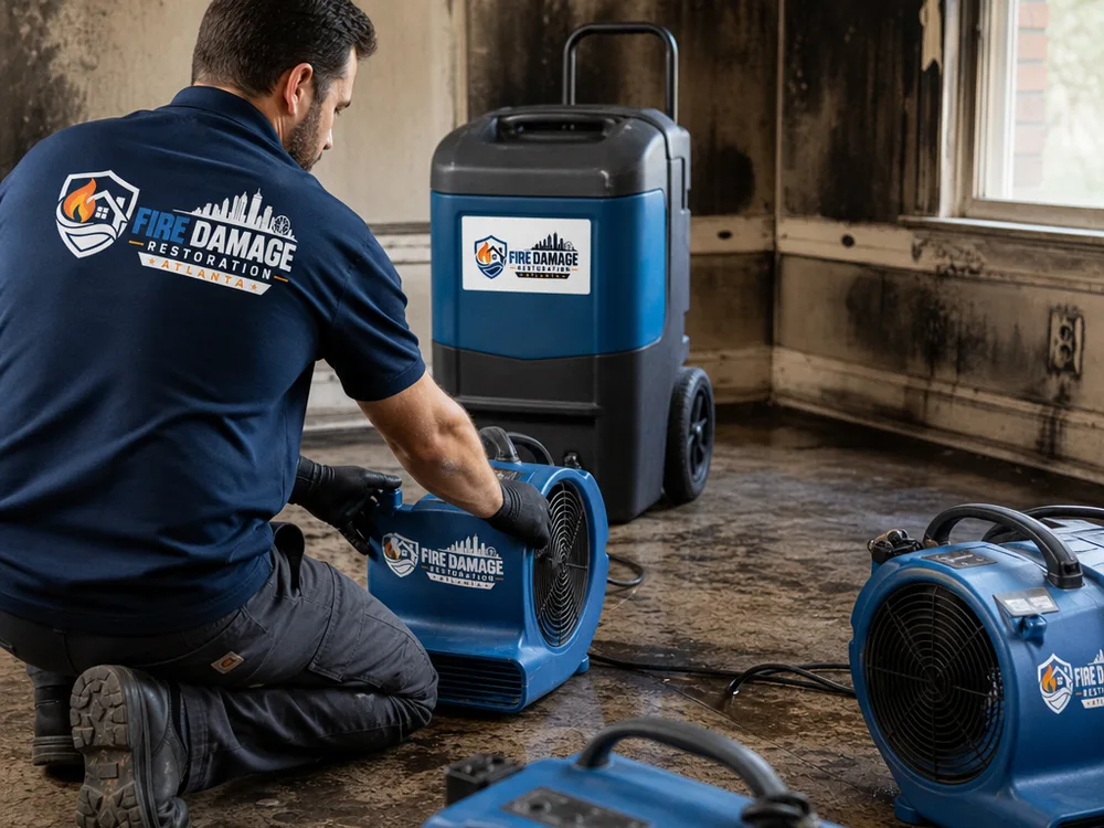 Air movers and a dehumidifier drying wet flooring in a smoke-affected room with soot-stained baseboards