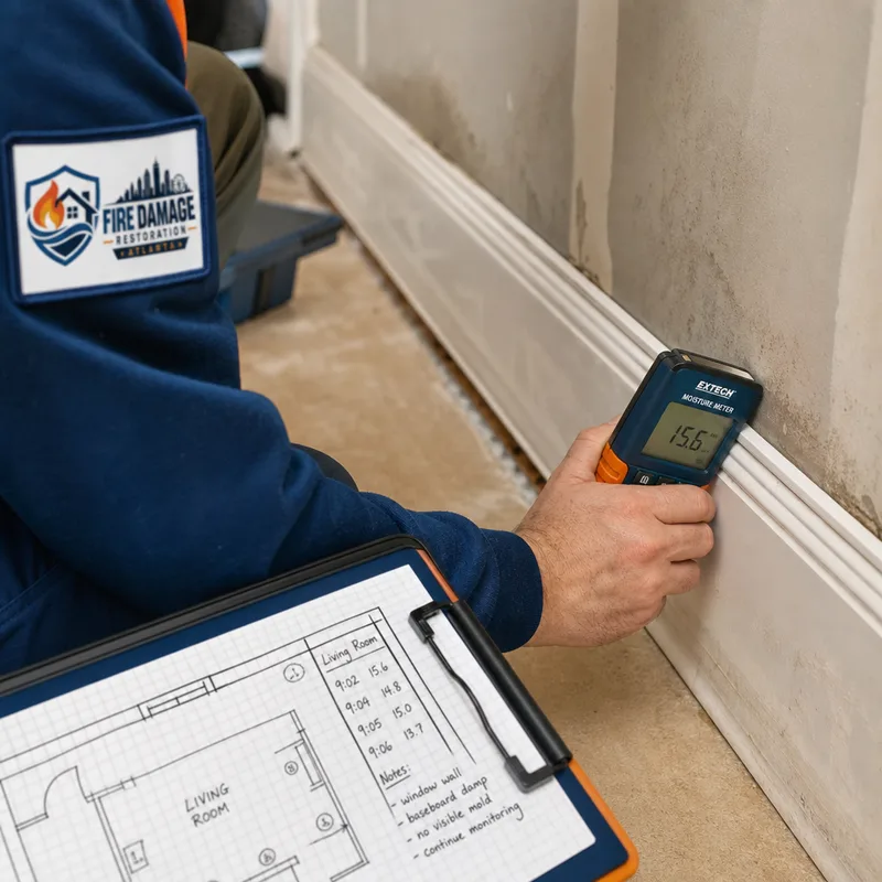 Technician recording moisture readings from drywall near baseboard trim
