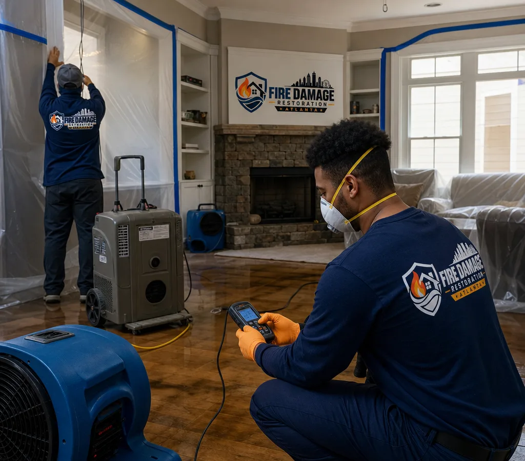 Technicians setting up drying equipment and containment in an Atlanta living room after water damage