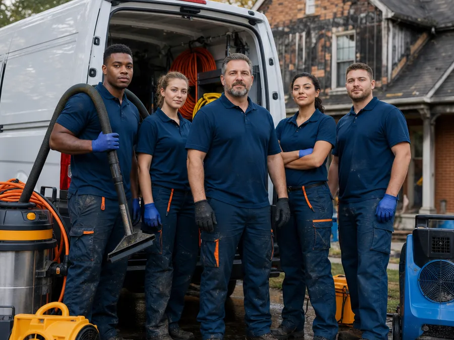 Uniformed Atlanta fire restoration crew beside a work van with protective equipment and cleaning tools