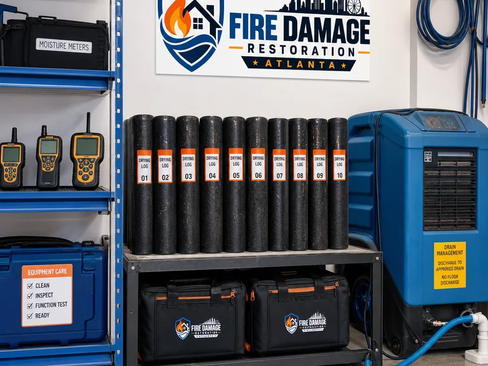 Equipment staging area with drying logs, moisture meters, and managed dehumidifier drainage